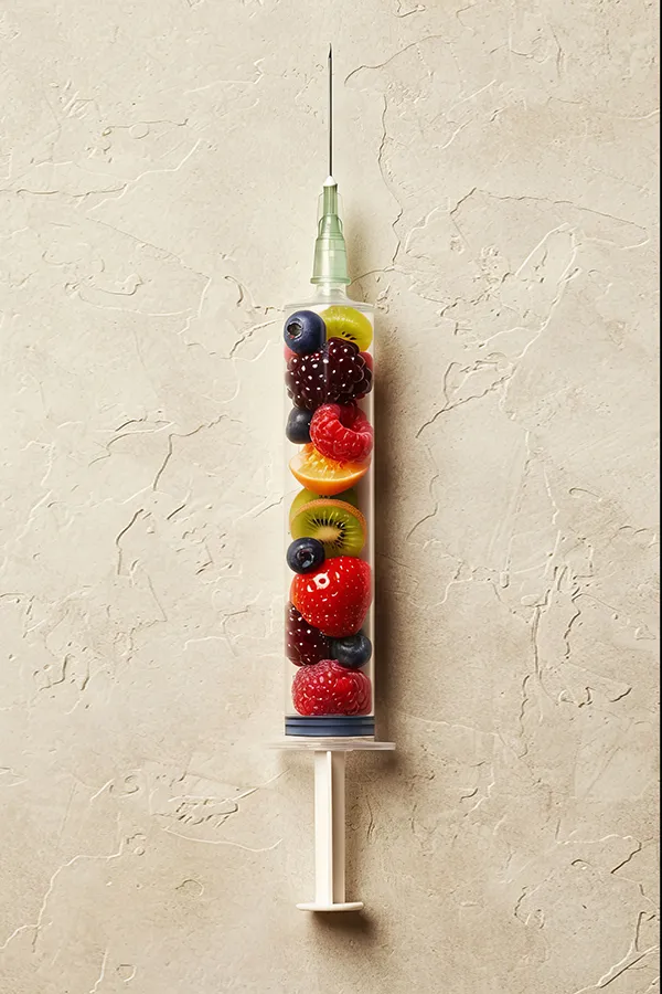3D illustration of a syringe filled with healthy fruits and vegetables, representing biopuncture therapy. Get biopuncture therapy from Allen Green, M.D. of Center for Optimum Health in Los Angeles.