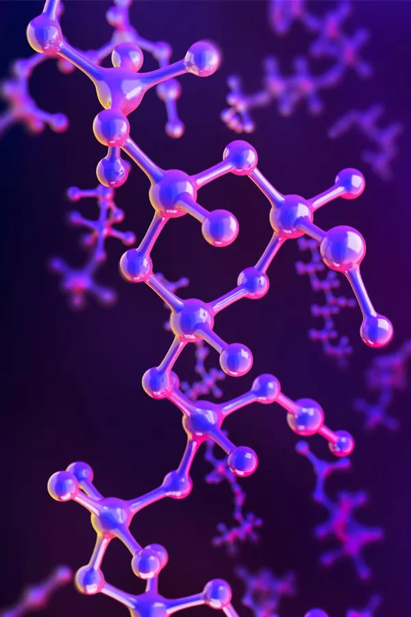A 3D illustration of molecules in purple hues, representing hormone pellet treatments from Allen Green, M.D. of Center for Optimum Health in Los Angeles.