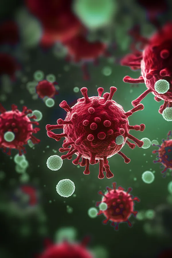 A 3D illustration of COVID molecules. Get treatment for long covid from Allen Green, M.D. of Center for Optimum Health in Los Angeles.