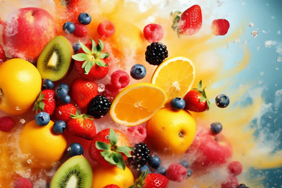 3D illustration of fruits and juices bursting with nutrition. Get vitamin IV therapy from Allen Green, M.D. of Center for Optimum Health in Los Angeles.